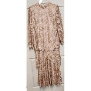 Vintage Damianou Dress Gold Lace Drop Waist Formal Size Large